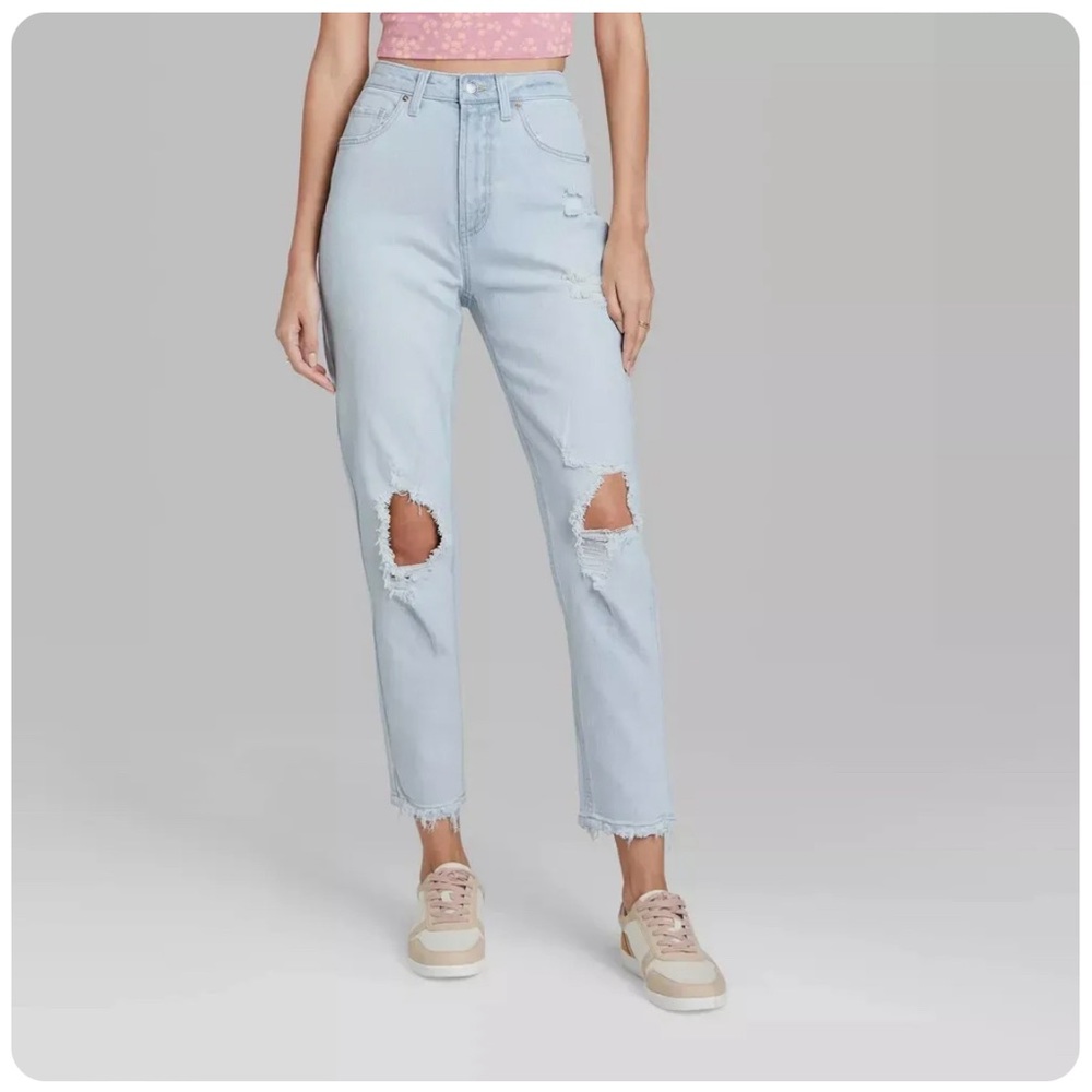 Super-High Rise Distressed Mom Jeans